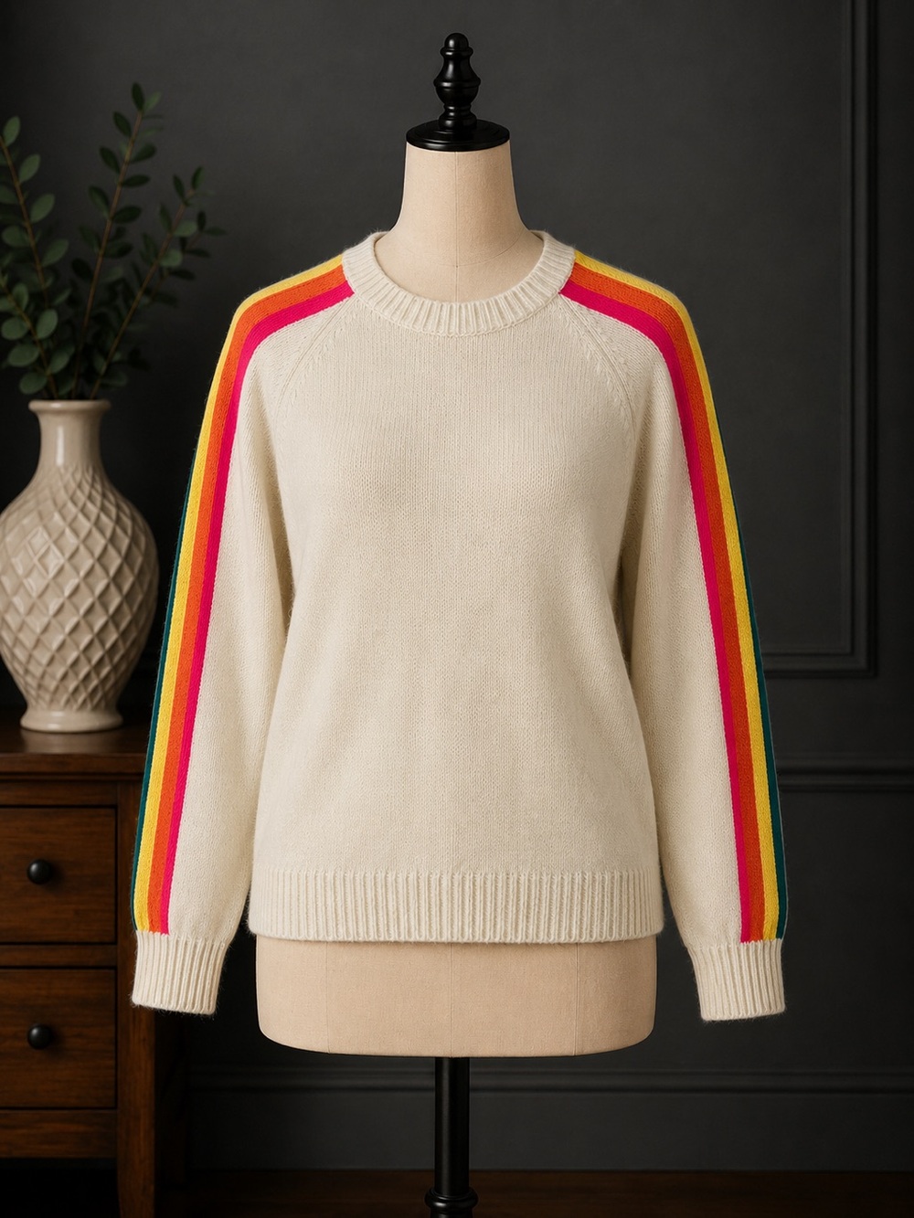 JODIFL Cream Crewneck Sweater with Rainbow Sleeve Stripes